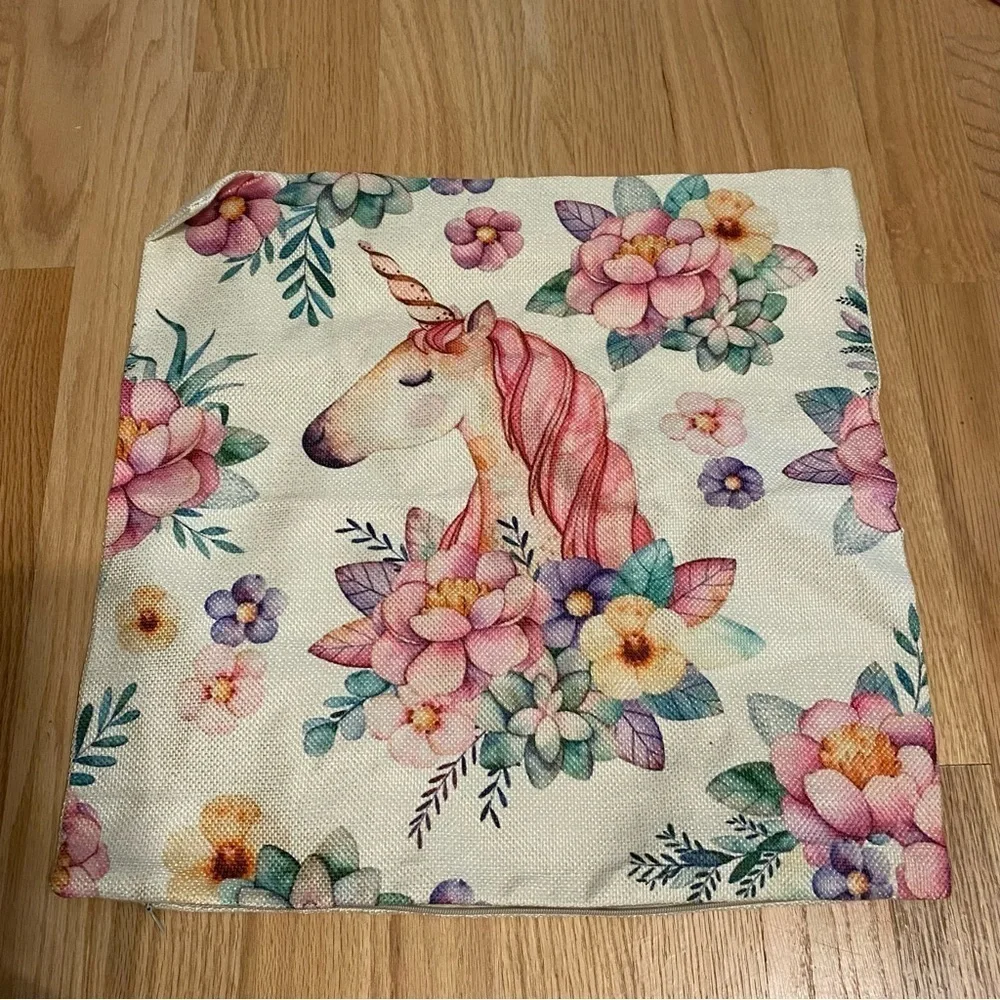 Floral Unicorn Print Square Throw Pillow Cover NEW Pink Cream Tan